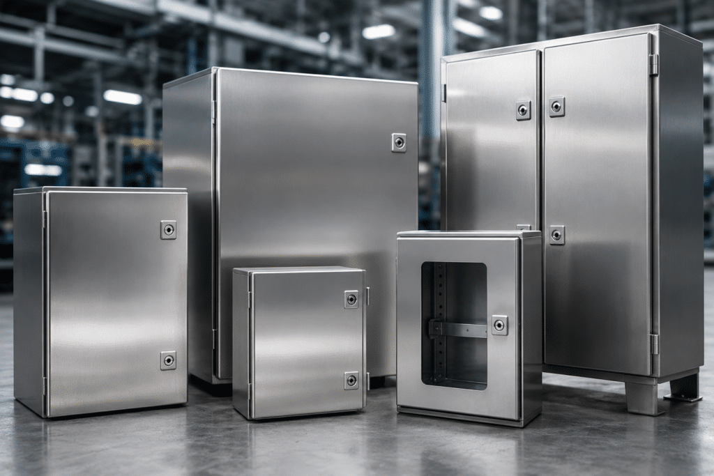 Diferentes tipos de envolventes eléctricas para entornos industriales.