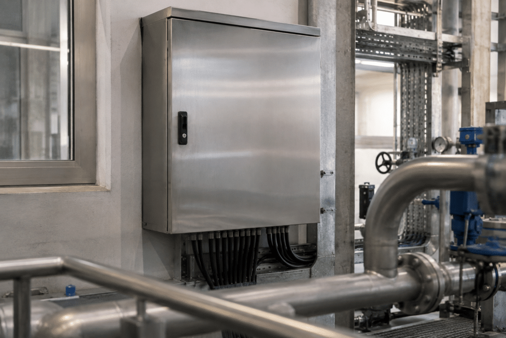 Armario eléctrico de acero inoxidable IP66 instalado en entorno industrial junto a tuberías