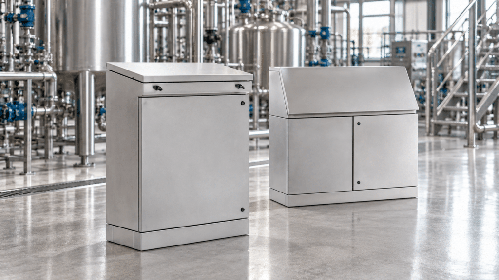 Armarios eléctricos de acero inoxidable AISI316L para entornos marinos, instalados en una planta industrial