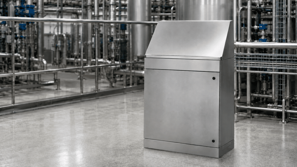 Pupitre de comandament d'acer inoxidable amb pla de treball inclinat en planta industrial